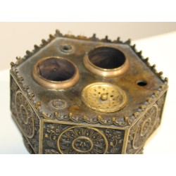 Hexagonal Neo-Gothic bronze inkwell