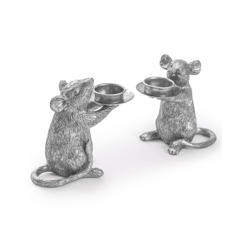 Paire de bougeoirs Souris en résine argentée