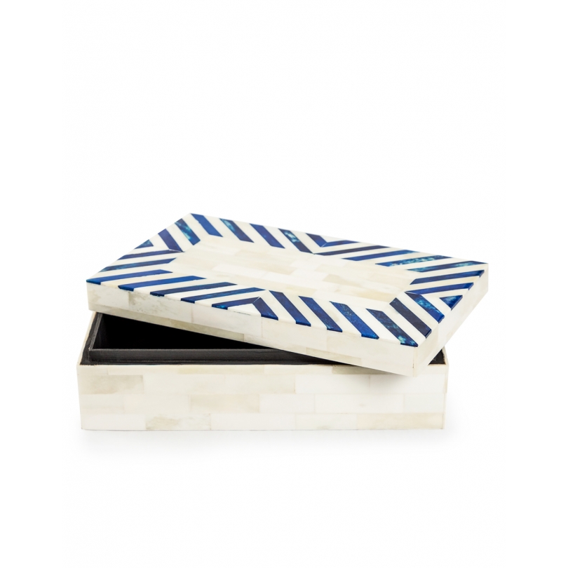 Boite en os rayée bleu et blanc, grande