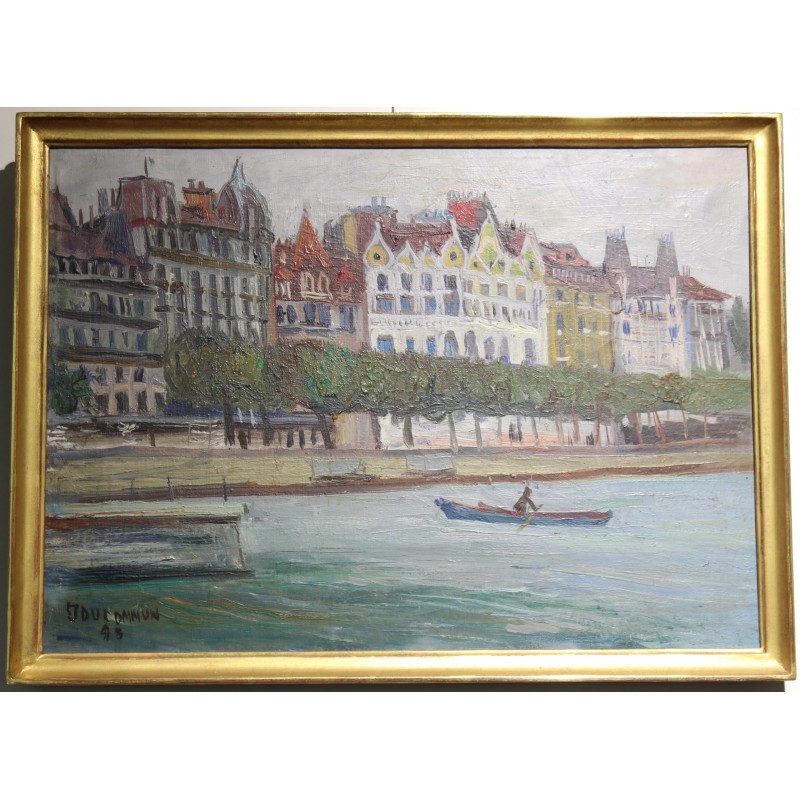 Tableau \"Barque sur le Rhin\" signé J. DUCOMMUN 43