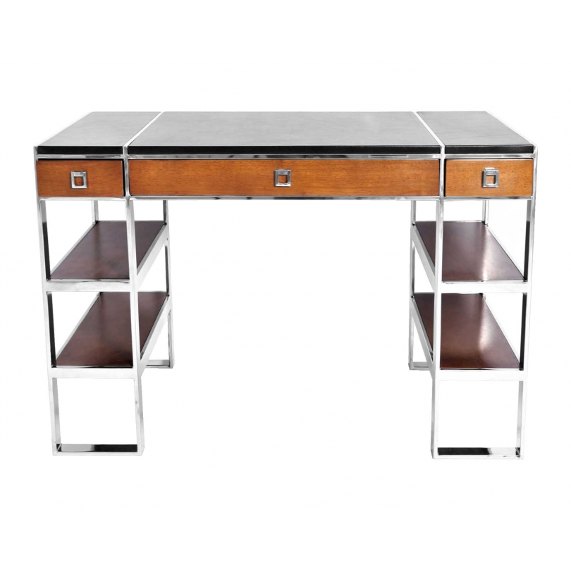 Petit Bureau Aston en inox et cuir noir