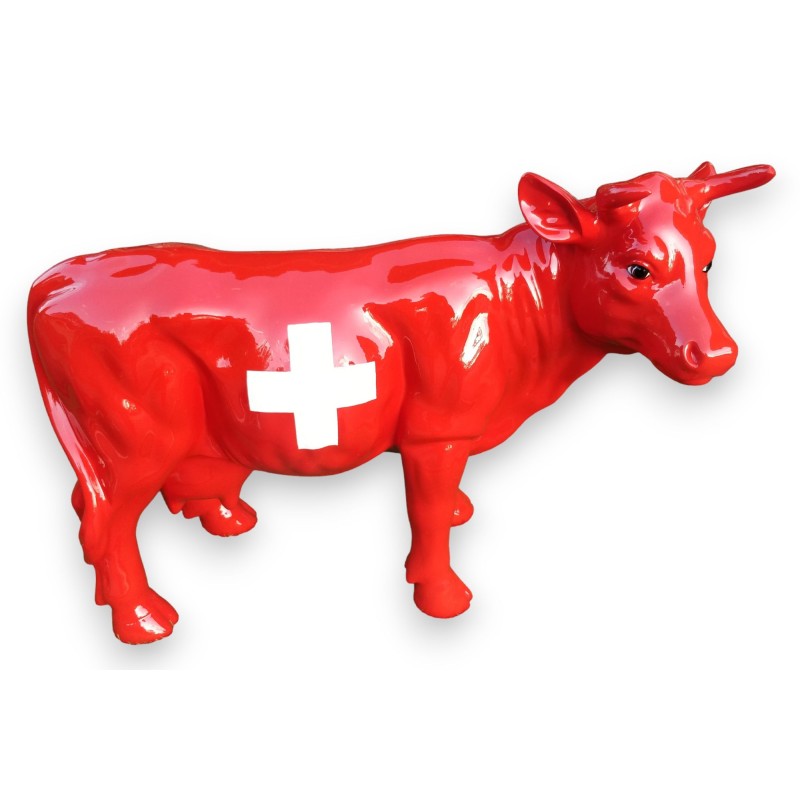 Petite vache en résine \"Drapeau Suisse\"