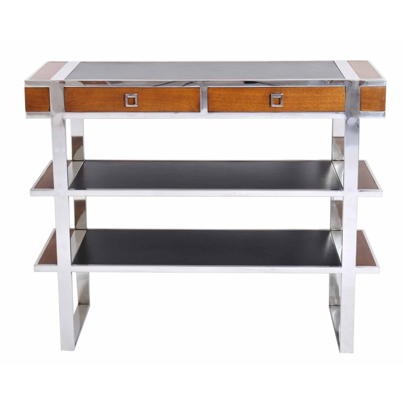 "Aston" console table in wood, leather and stainless steel