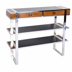 "Aston" console table in wood, leather and stainless steel