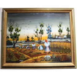 Peinture sous verre \"Moissons\" signé GREGURIC A.