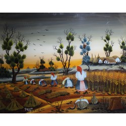 Peinture sous verre \"Moissons\" signé GREGURIC A.