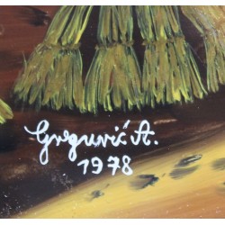 Peinture sous verre \"Moissons\" signé GREGURIC A.