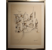 Dessin "Château d'Orbe" signé PERRENOUD 82