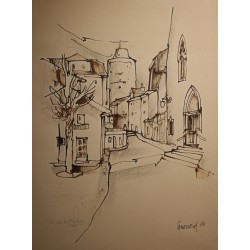 Dessin "Château d'Orbe" signé PERRENOUD 82