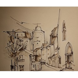 Dessin "Château d'Orbe" signé PERRENOUD 82