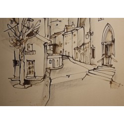 Dessin "Château d'Orbe" signé PERRENOUD 82