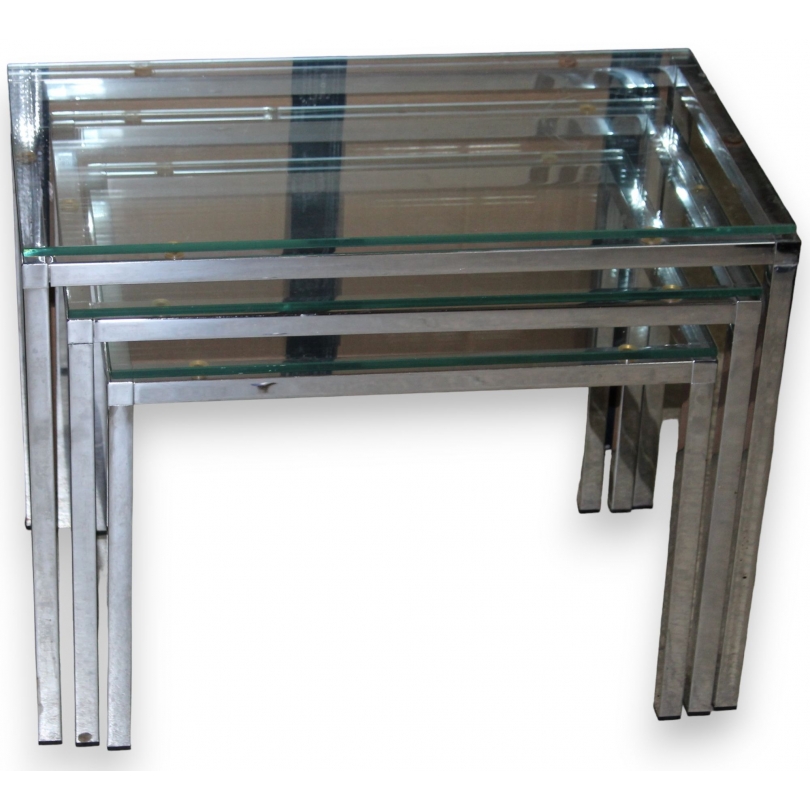Tables gigognes chromées et plateau en verre