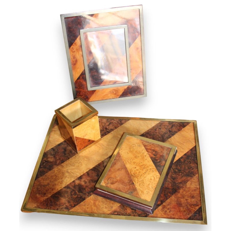 Inlaid wood and brass desk set
