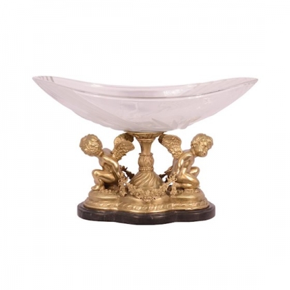 Coupe ovale en cristal sur deux anges en bronze