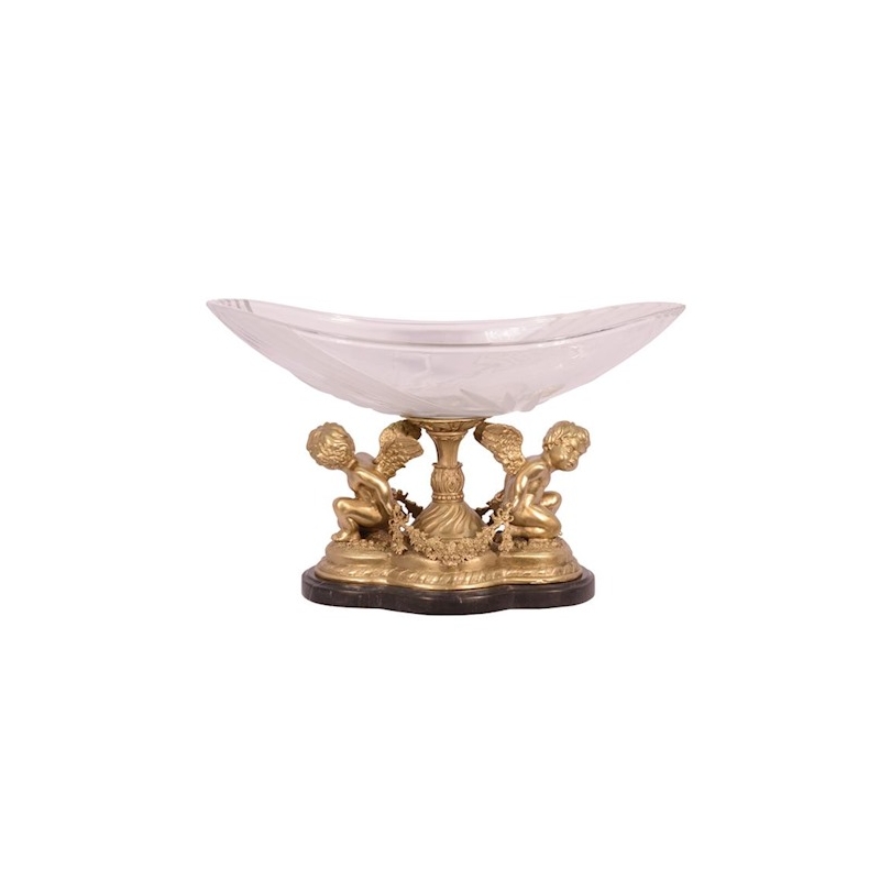 Coupe ovale en cristal sur deux anges en bronze