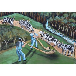 Poya \"Montée à l\'alpage\" signée A. MONNEY 1989