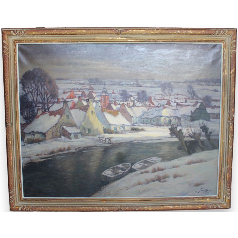 Tableau \"Village eneigé\" signé Jan MAES