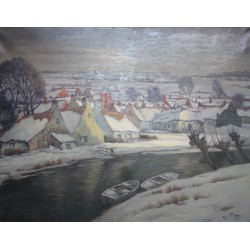 Tableau \"Village eneigé\" signé Jan MAES