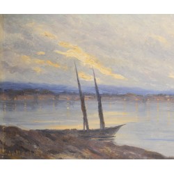 Tableau \"Paysage lacustre\" signé V. DE MESTRAL