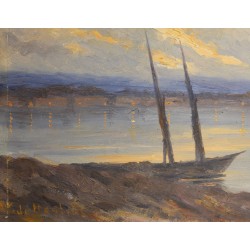 Tableau \"Paysage lacustre\" signé V. DE MESTRAL