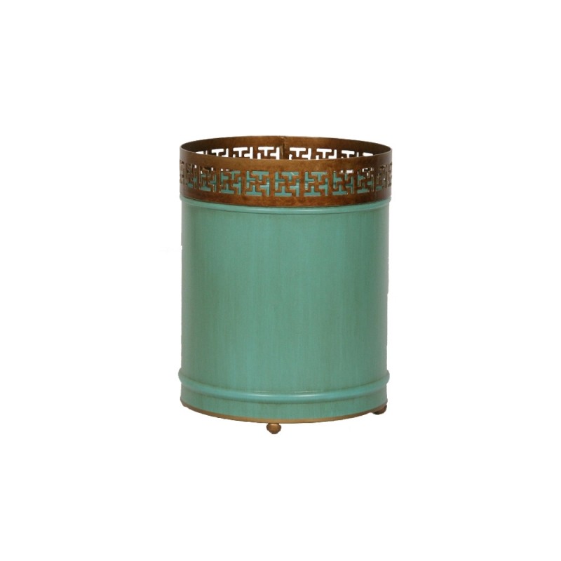 Round wastepaper basket made of blue-painted sheet metal