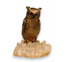 Hibou Grand Duc en argent doré sur fluorite