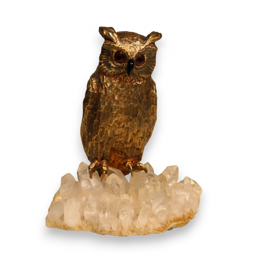 Hibou Grand Duc en argent doré sur fluorite