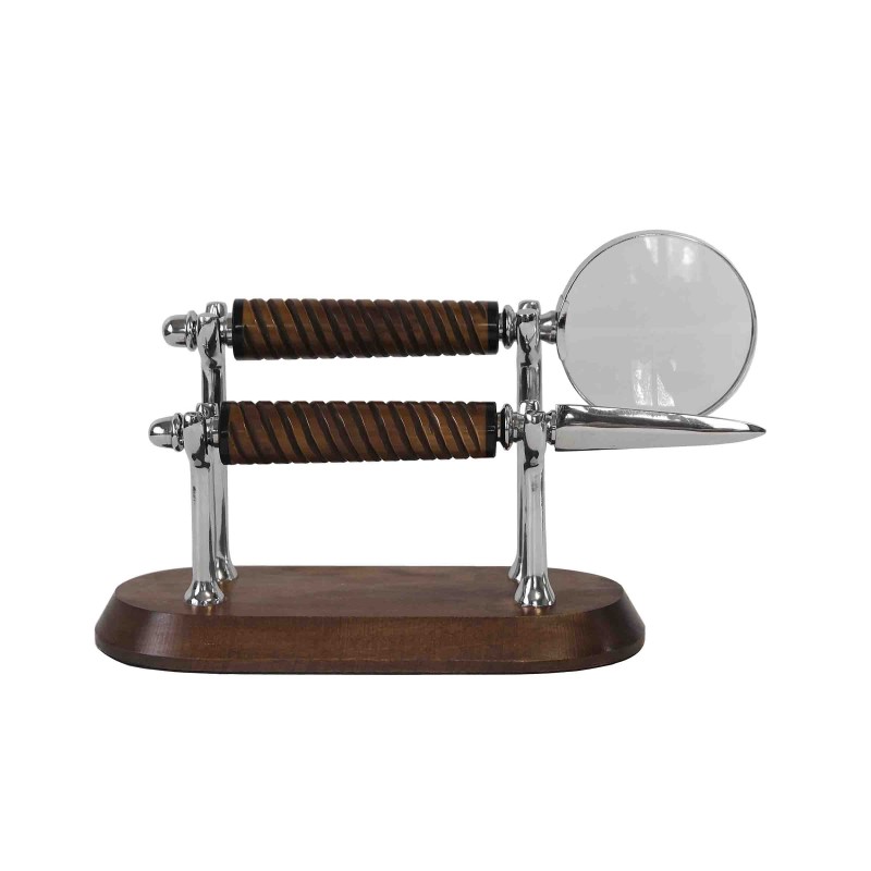 Magnifying glass and letter opener with chrome and wood stand