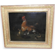 French oil on canvas "Hen and
