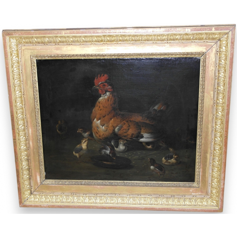 French oil on canvas "Hen and