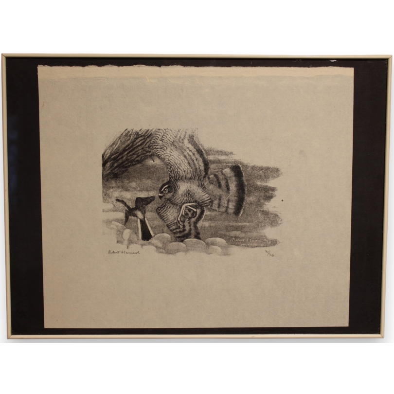 Gravure "Epervier et bergeronnette" signée HAINARD