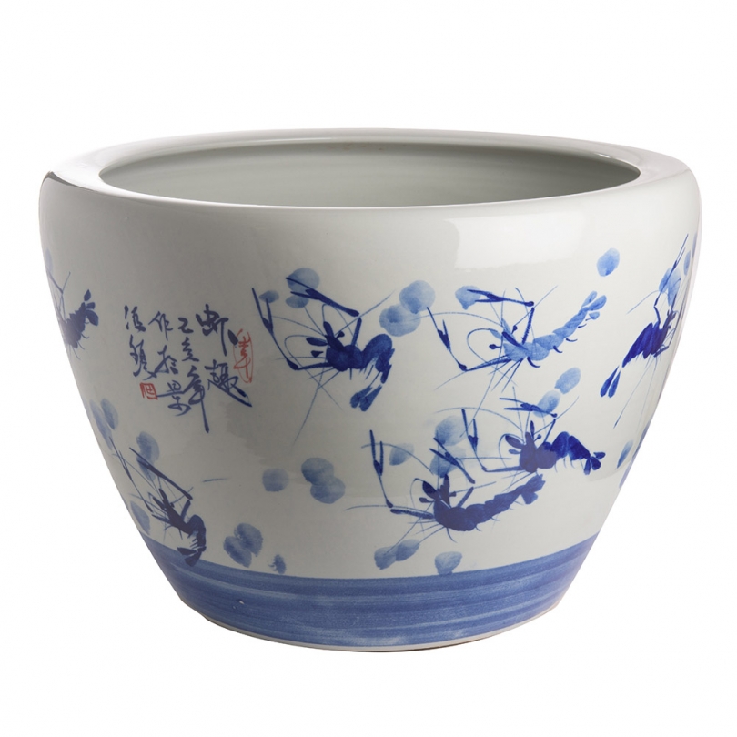 Cache-pot bleu blanc décor d'écrevisses