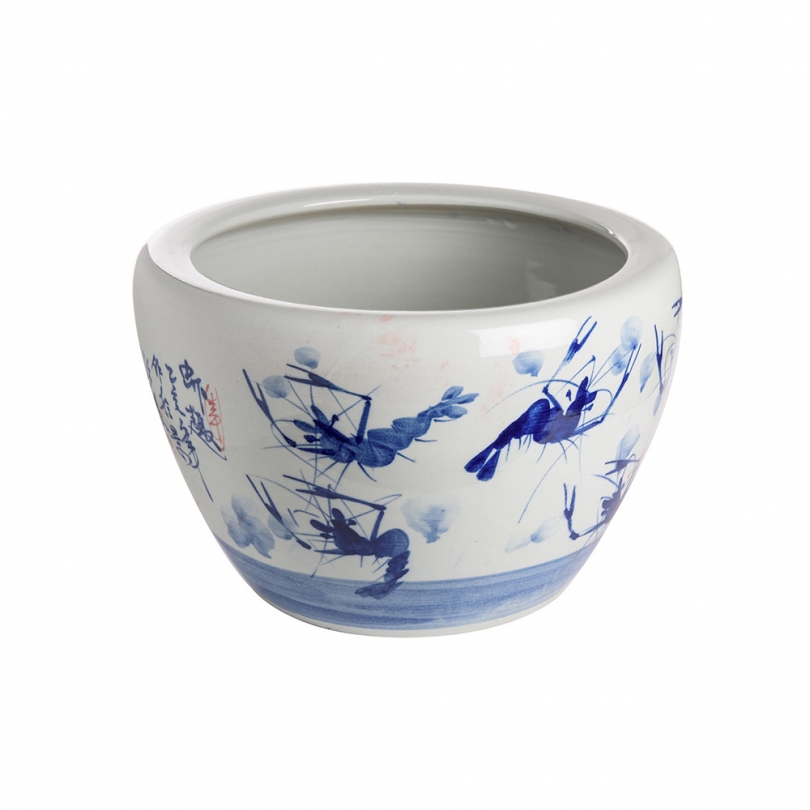 Cache-pot bleu blanc décor d'écrevisses
