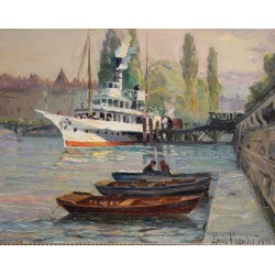 Tableau \"Le départ du Genève\" signé Louis BAUDIT