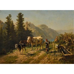 Tableau \"Fille et vaches\" signé Ch. HUMBERT 1865