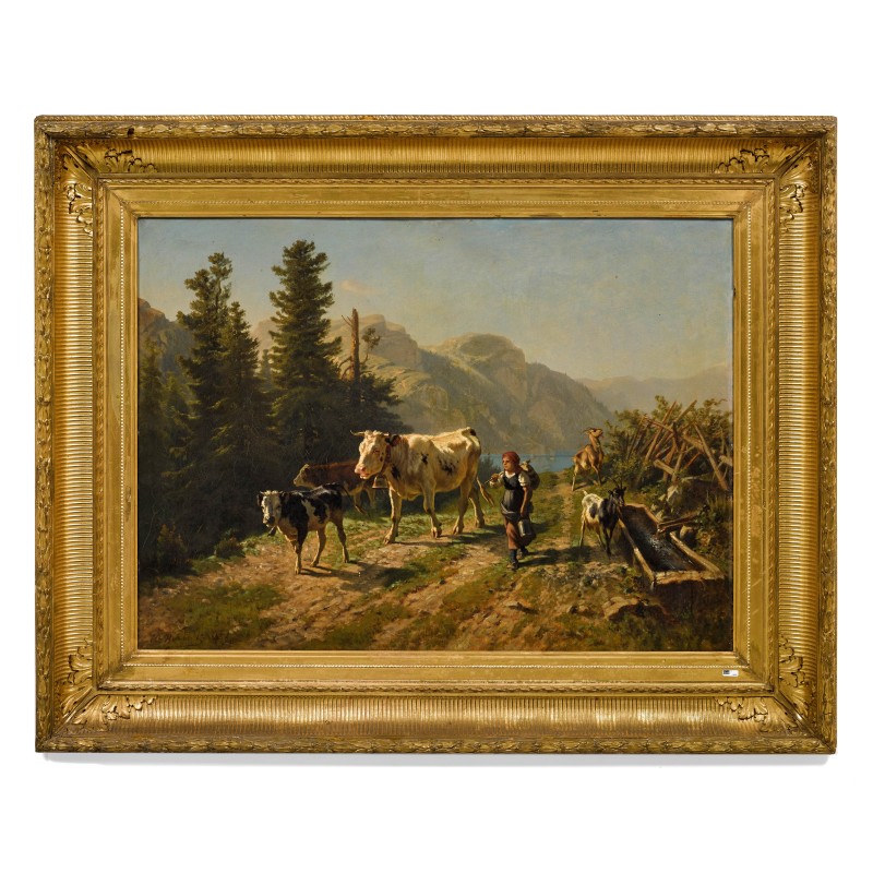 Tableau \"Fille et vaches\" signé Ch. HUMBERT 1865