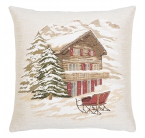 Coussin "Chalet en hiver avec luge"