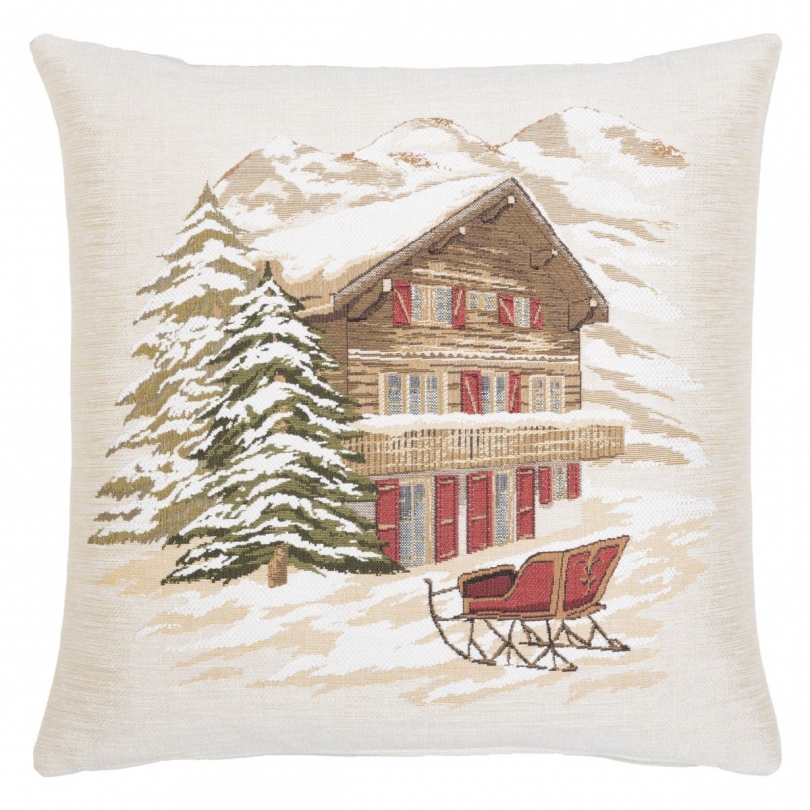 Coussin "Chalet en hiver avec luge"