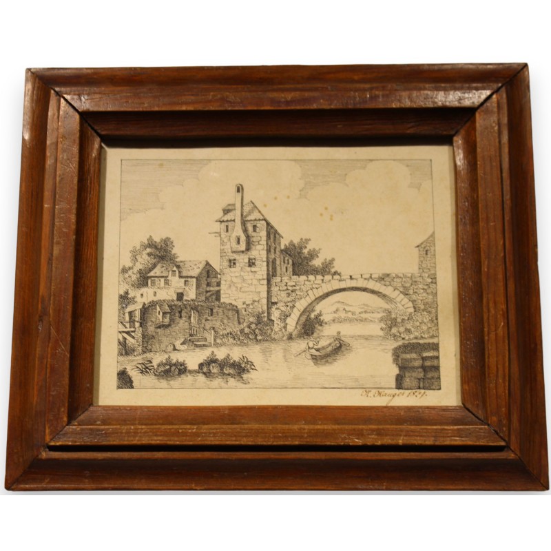 Engraving entitled ‘Bridge’, signed K. HAUGER, 1827