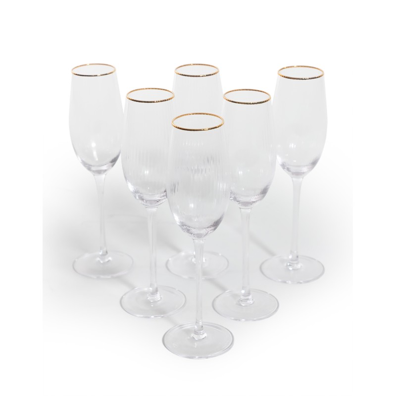 Set of 6 champagne flutes with a gold rim
