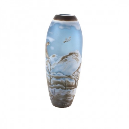 Vase style GALLÉ Paysage brun fond bleu