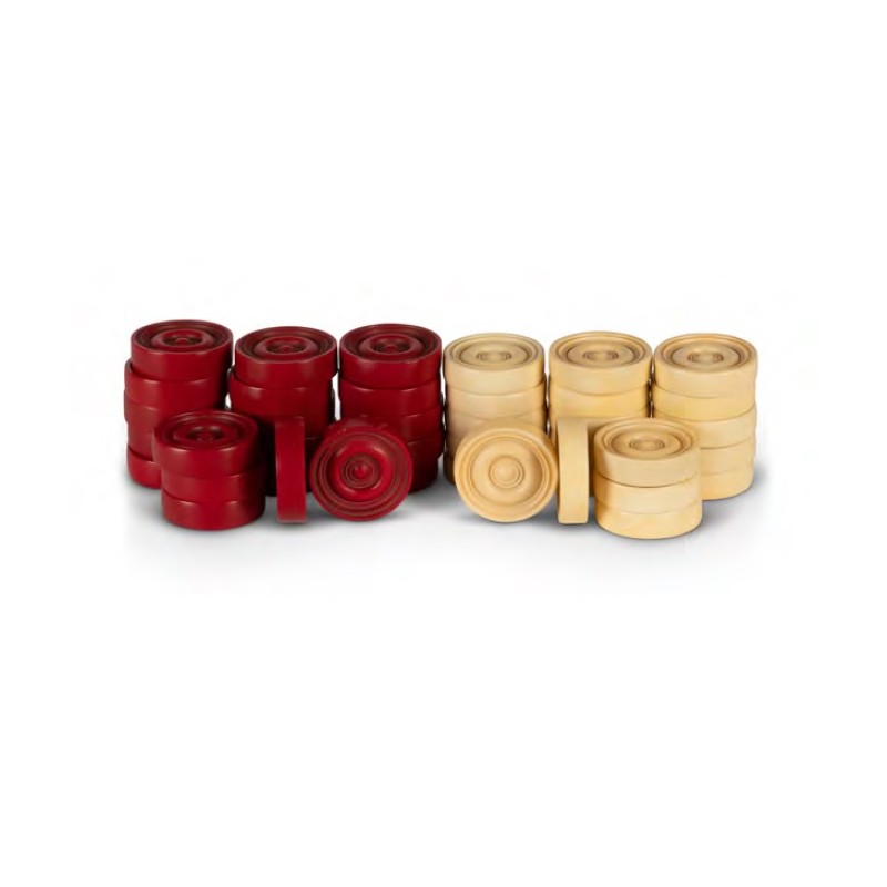 Red and beige resin draughts pieces