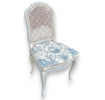 Chaise style Louis XV canné laquée blanc et bleu