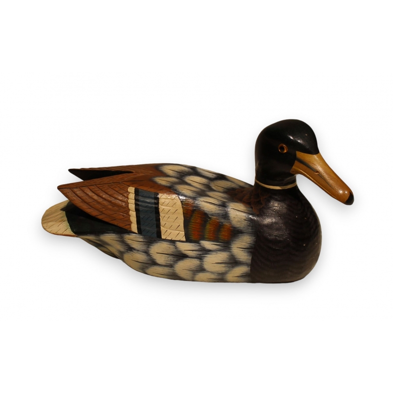 Canard en bois sculpté et peint polychrome