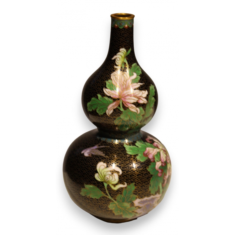 Vase cloisonné noir décor fleurs