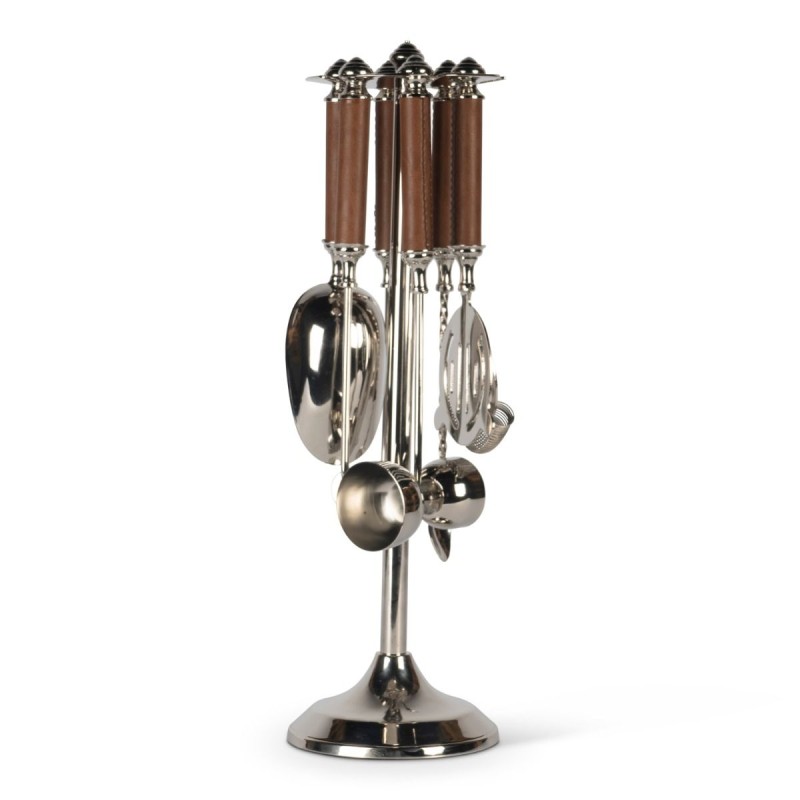 Chrome-plated metal and leather cocktail set