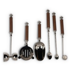 Chrome-plated metal and leather cocktail set