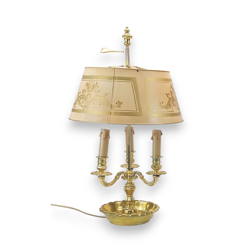 Hot-water bottle lamp with a golden-beige lampshade