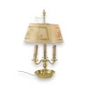 Hot-water bottle lamp with a golden-beige lampshade