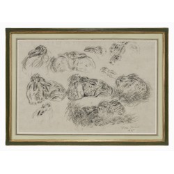 Dessin au fusain "Lapins" signé F. DE PORET